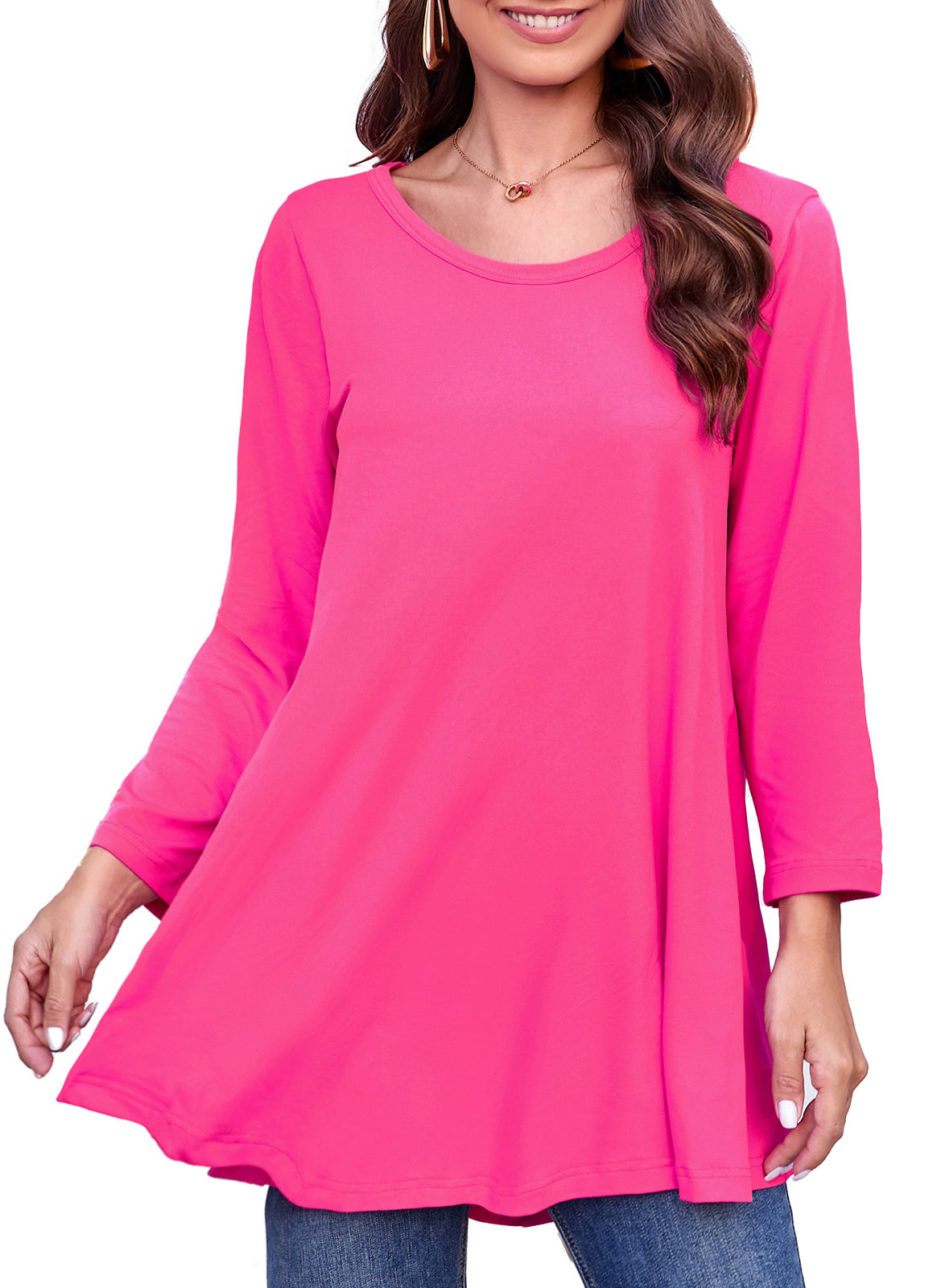 Womens Tunic Tops 3/4 Sleeve Plus Size Crew Neck Swing Flare Loose Fit T-Shirt Blouses to Wear with Leggings Magenta Tunic