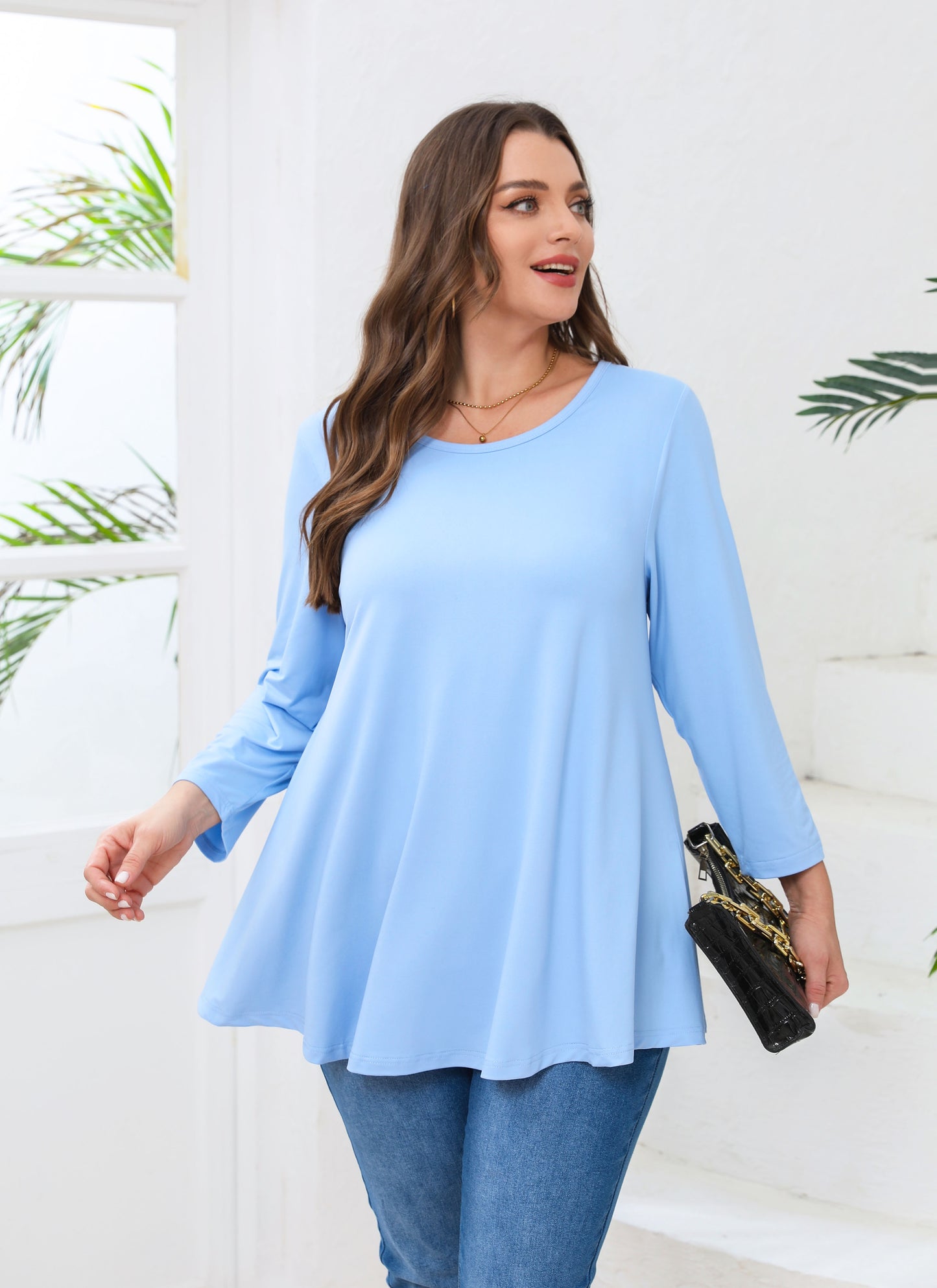 Womens Tops - Plus Size Tunics 3/4 Sleeve Loose Fit Dressy Casual Long Swing Flowy Lady Blouses Shirts Wear with Leggings Teals Blue Clothing A37 SATLB