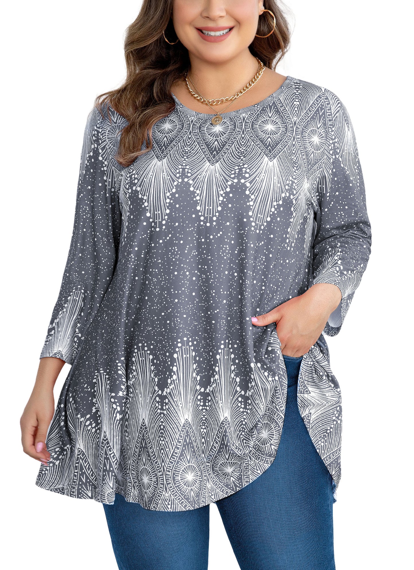 Womens Tunic Tops 3/4 Sleeve Plus Size Crew Neck Swing Flare Loose Fit T-Shirt Blouses to Wear with Leggings Grey Tunic
