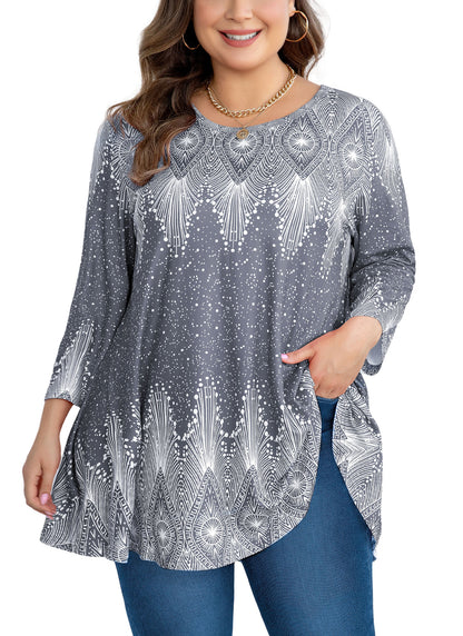 Womens Tunic Tops 3/4 Sleeve Plus Size Crew Neck Swing Flare Loose Fit T-Shirt Blouses to Wear with Leggings Grey Tunic