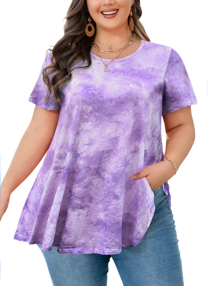 Tunic Tops for Women Plus Size Short Sleeve Crew Neck Swing Flare Loose T-Shirt Blouses to Wear with Leggings Lavender Tunic Tie Dye