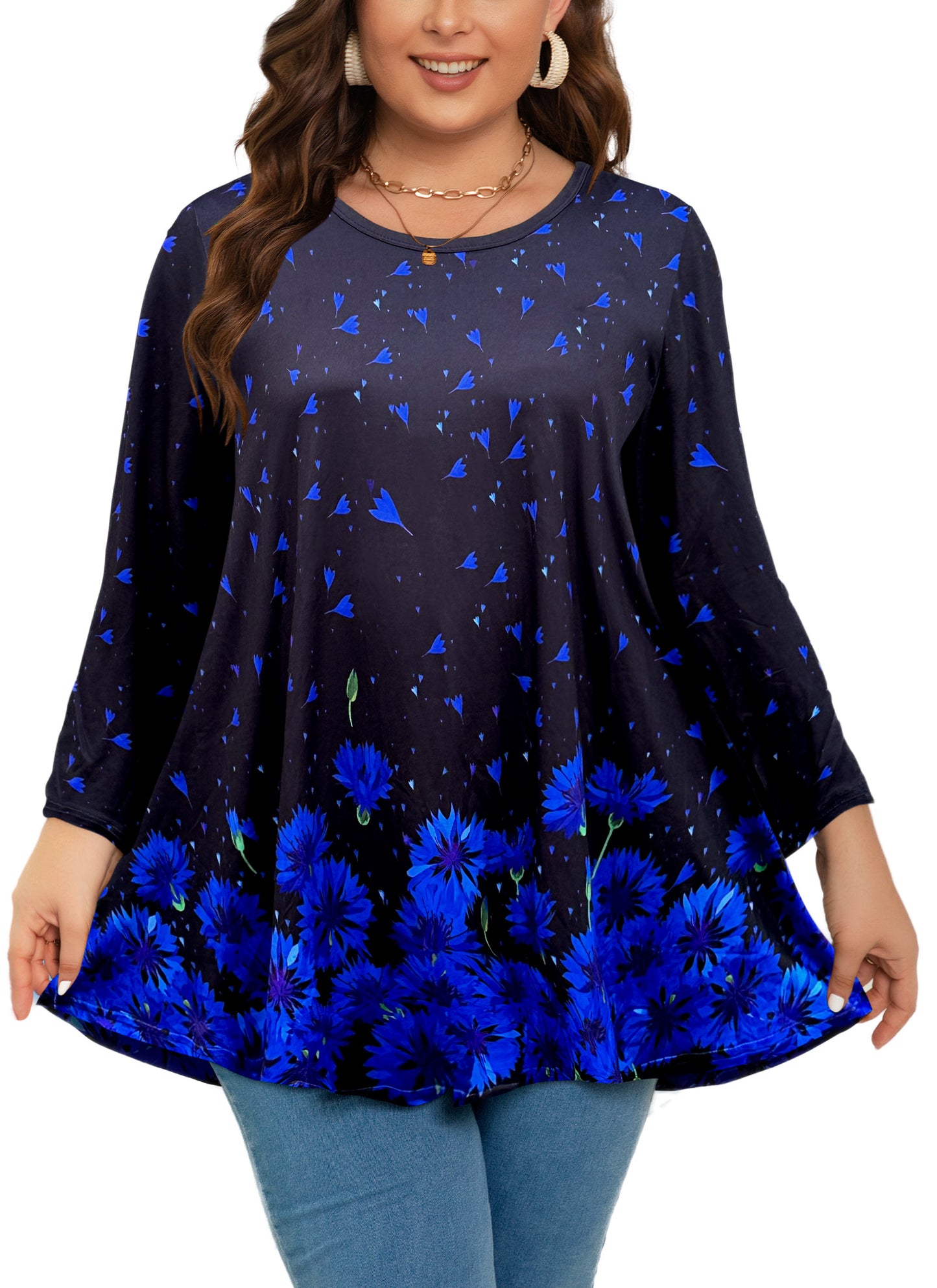 Womens Tunic 3/4 Sleeve Plus Size Tops Crew Neck Swing Flowy Loose Fit T-Shirt Blouses to Wear with Leggings Plus Size Tops Royal Blue Black