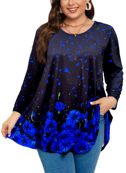 Womens Tunic 3/4 Sleeve Plus Size Tops Crew Neck Swing Flowy Loose Fit T-Shirt Blouses to Wear with Leggings Plus Size Tops Royal Blue Black