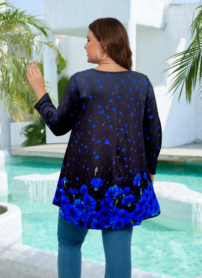 Womens Tunic 3/4 Sleeve Plus Size Tops Crew Neck Swing Flowy Loose Fit T-Shirt Blouses to Wear with Leggings Plus Size Tops Royal Blue Black
