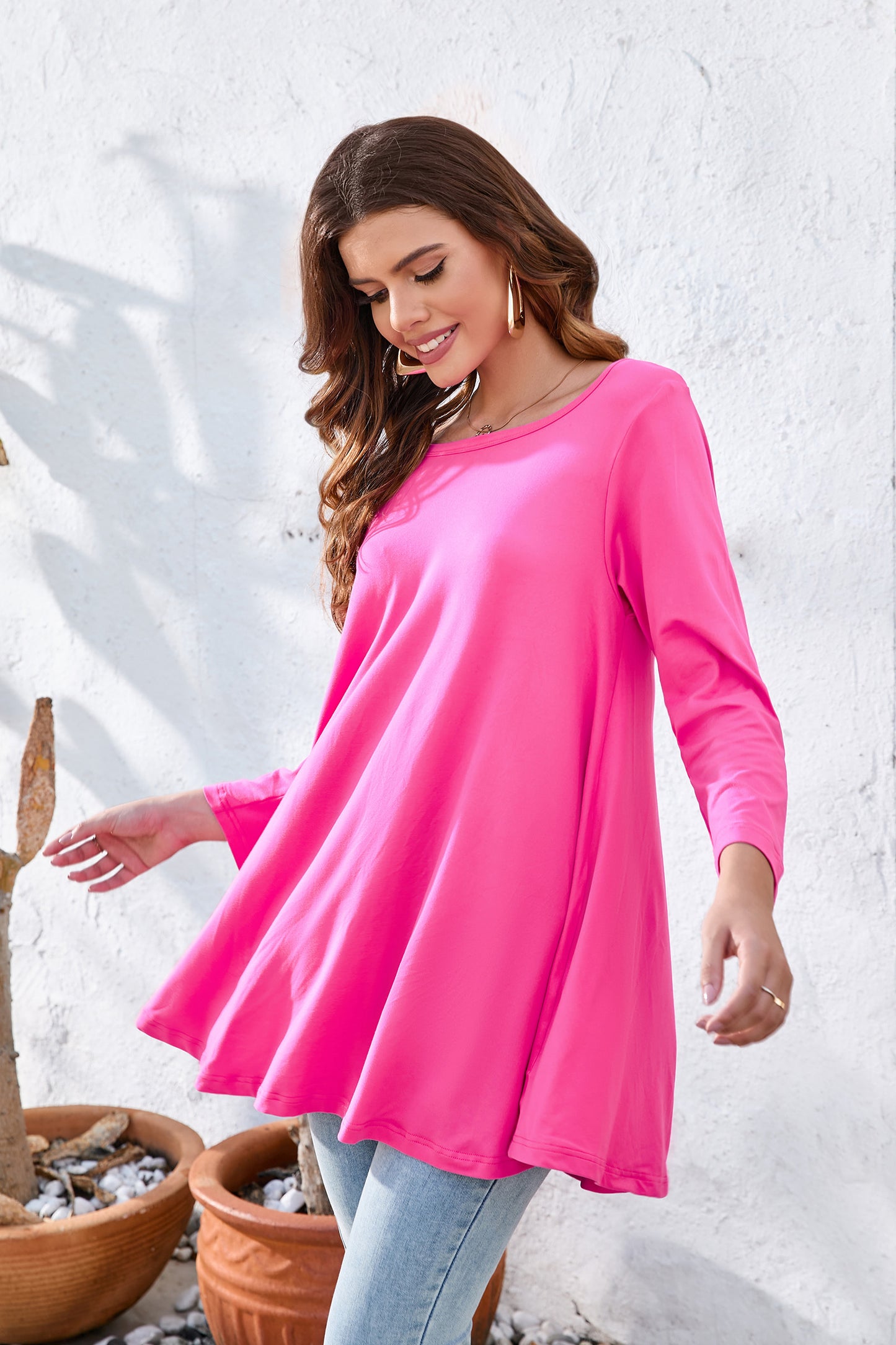Womens Tunic Tops 3/4 Sleeve Plus Size Crew Neck Swing Flare Loose Fit T-Shirt Blouses to Wear with Leggings Magenta Tunic