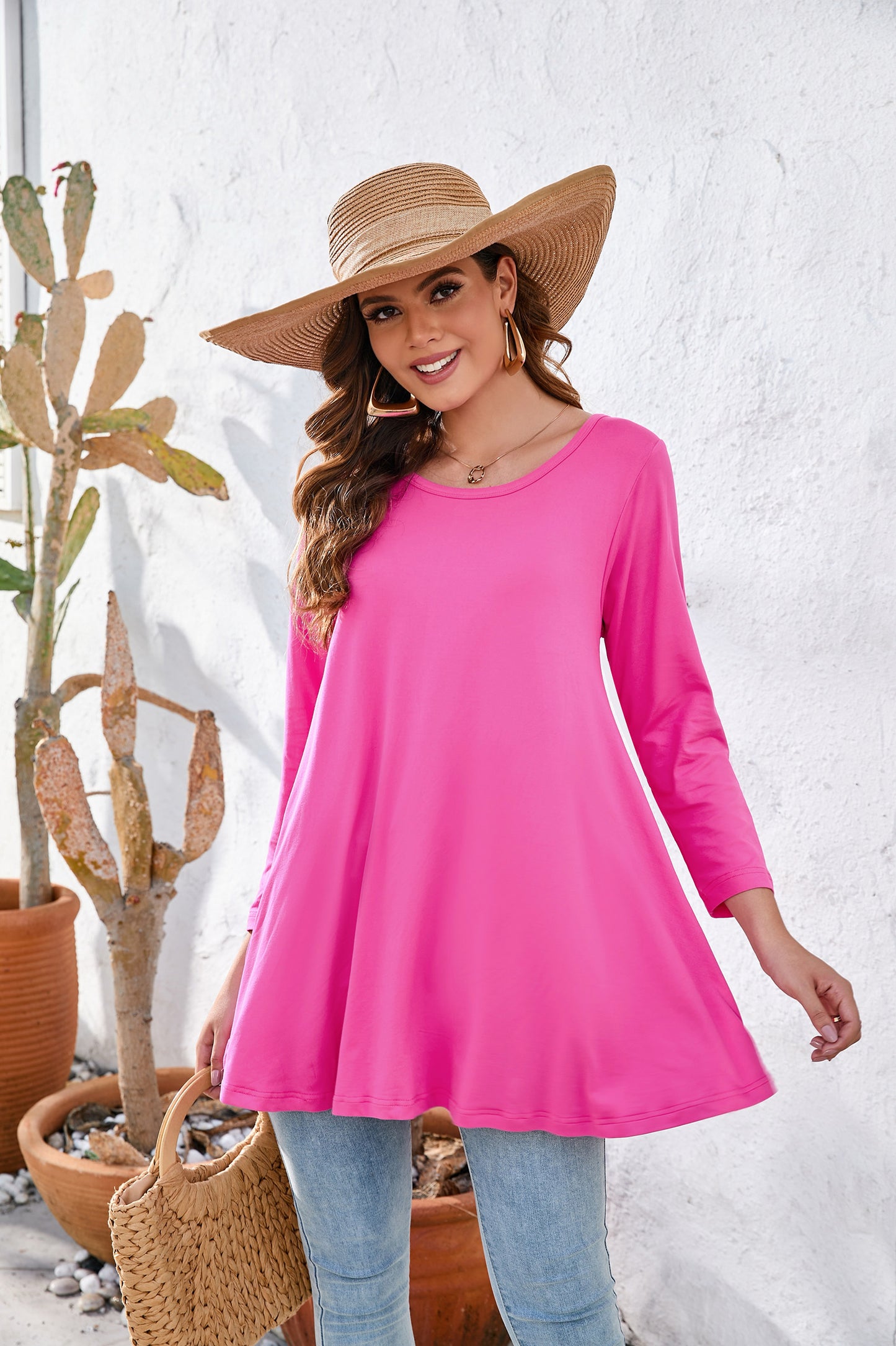 Womens Tunic Tops 3/4 Sleeve Plus Size Crew Neck Swing Flare Loose Fit T-Shirt Blouses to Wear with Leggings Magenta Tunic