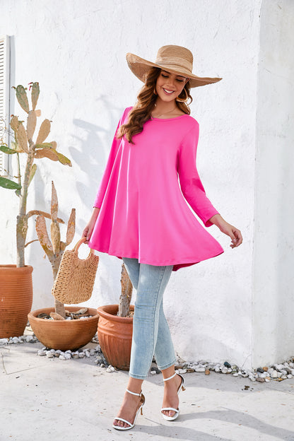 Womens Tunic Tops 3/4 Sleeve Plus Size Crew Neck Swing Flare Loose Fit T-Shirt Blouses to Wear with Leggings Magenta Tunic