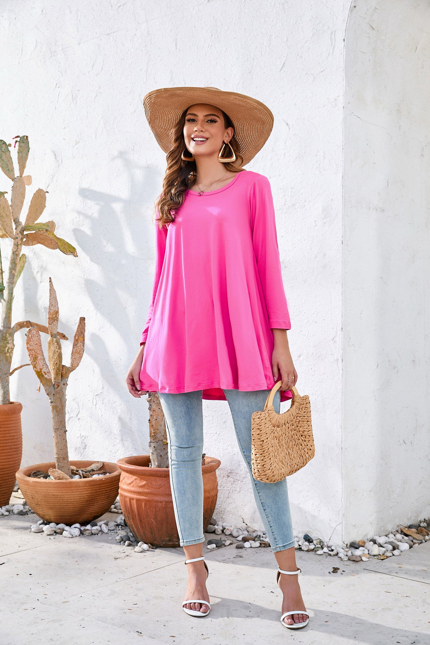 Womens Tunic Tops 3/4 Sleeve Plus Size Crew Neck Swing Flare Loose Fit T-Shirt Blouses to Wear with Leggings Magenta Tunic