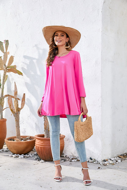 Womens Tunic Tops 3/4 Sleeve Plus Size Crew Neck Swing Flare Loose Fit T-Shirt Blouses to Wear with Leggings Magenta Tunic