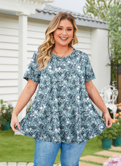 Womens Plus Size Tops Short Sleeve Swing Flare Flowy Tunic Loose Fit Summer Casual Blouses to Wear with Leggings Teals White Tops