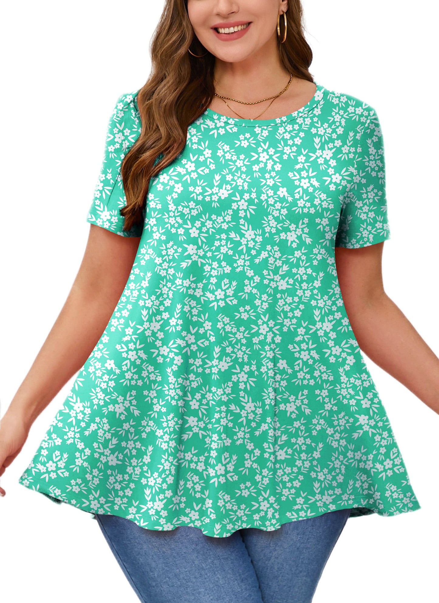 Tunic Tops for Women Plus Size Short Sleeve Crew Neck Swing Flare Loose T-Shirt Blouses to Wear with Leggings B22 SATXQWF