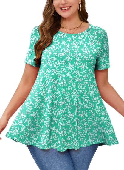 Tunic Tops for Women Plus Size Short Sleeve Crew Neck Swing Flare Loose T-Shirt Blouses to Wear with Leggings B22 SATXQWF