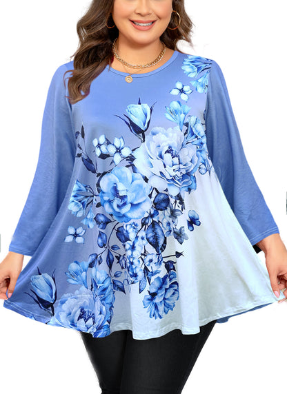 Womens Tunic 3/4 Sleeve Plus Size Tops Crew Neck Swing Flowy Loose Fit T-Shirt Blouses to Wear with Leggings Womens Tunics Blue White Floral
