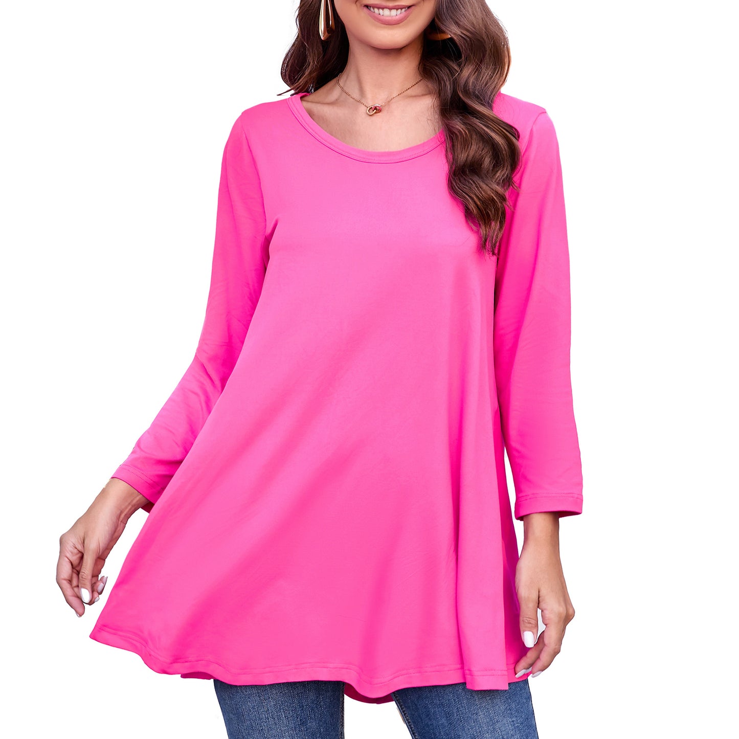 Womens Tunic Tops 3/4 Sleeve Plus Size Crew Neck Swing Flare Loose Fit T-Shirt Blouses to Wear with Leggings Magenta Tunic