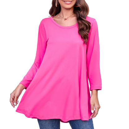 Womens Tunic Tops 3/4 Sleeve Plus Size Crew Neck Swing Flare Loose Fit T-Shirt Blouses to Wear with Leggings Magenta Tunic