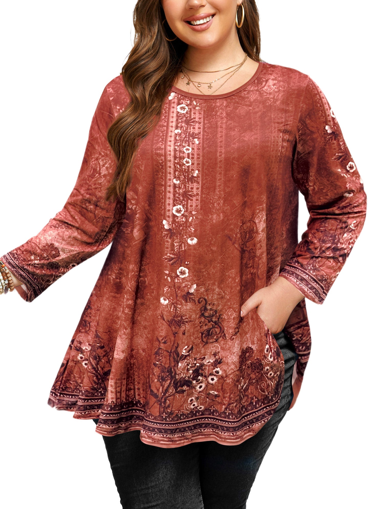 Womens Tunic Tops 3/4 Sleeve Plus Size Crew Neck Swing Flare Loose Fit T-Shirt Blouses to Wear with Leggings Burnt Orange Tunic