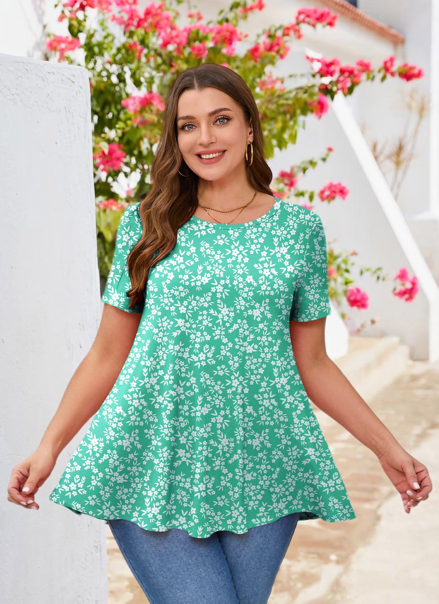 Tunic Tops for Women Plus Size Short Sleeve Crew Neck Swing Flare Loose T-Shirt Blouses to Wear with Leggings B22 SATXQWF