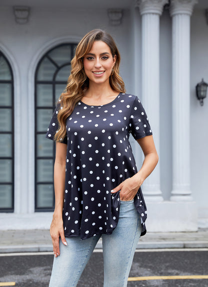 Tunic Tops for Women Plus Size Short Sleeve Crew Neck Swing Flare Loose T-Shirt Blouses to Wear with Leggings B18 SATXBD