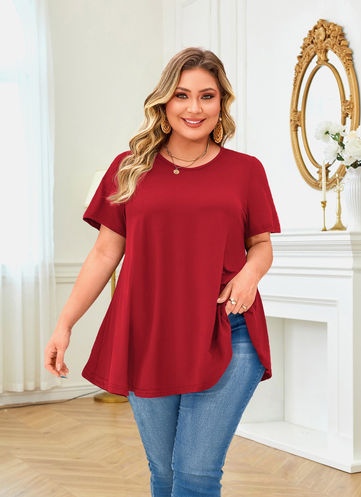 Tunic Tops for Women Plus Size Short Sleeve Crew Neck Swing Flare Loose T-Shirt Blouses to Wear with Leggings Plus Size Red Tops Tunics