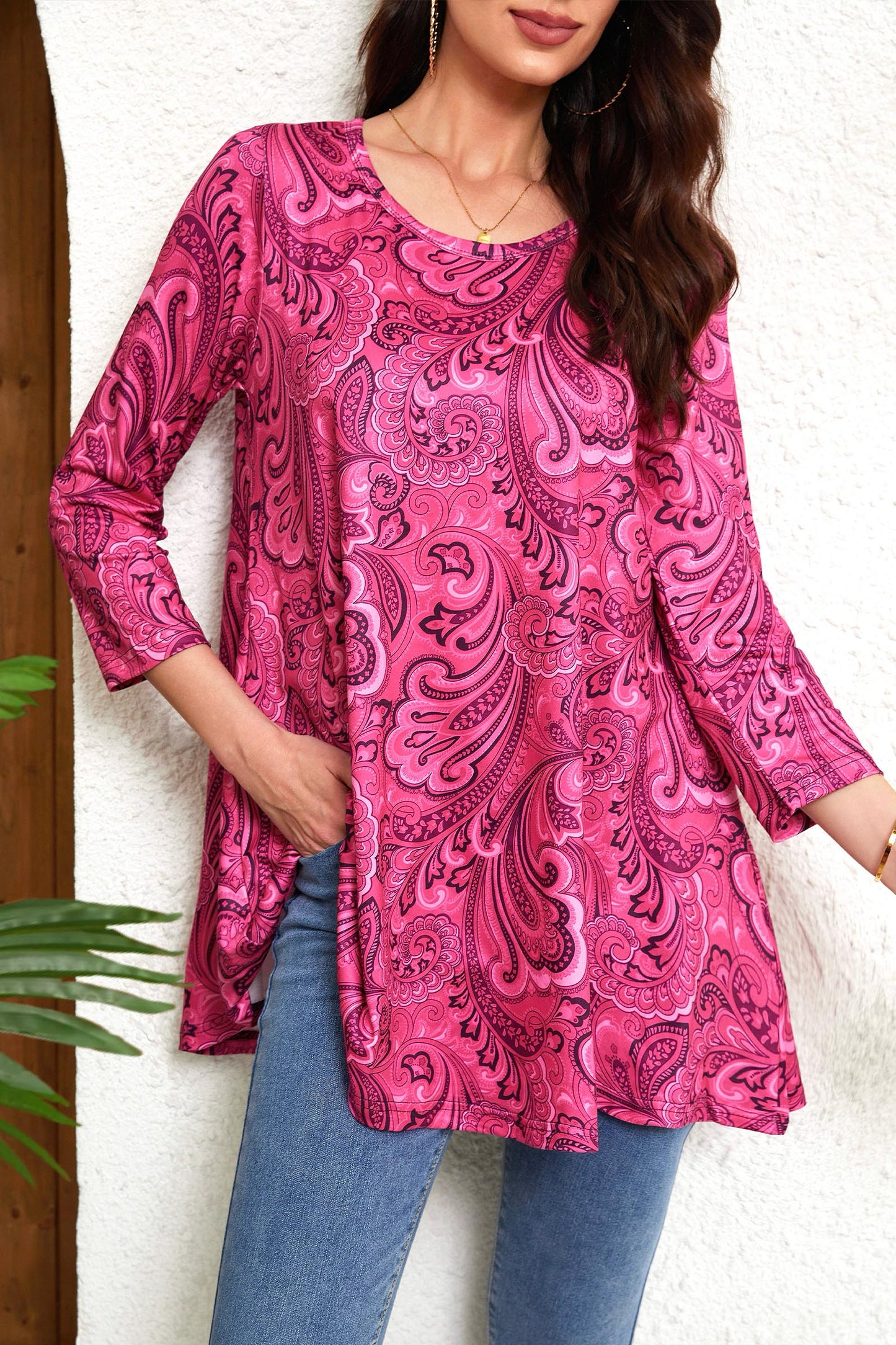 Womens Tunic Tops 3/4 Sleeve Plus Size Crew Neck Swing Flare Loose Fit T-Shirt Blouses to Wear with Leggings Plus Size Tunic Hot Pink Paisley