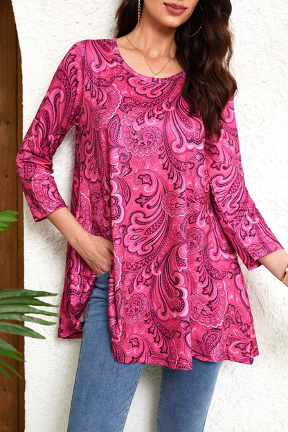 Womens Tunic Tops 3/4 Sleeve Plus Size Crew Neck Swing Flare Loose Fit T-Shirt Blouses to Wear with Leggings Plus Size Tunic Hot Pink Paisley