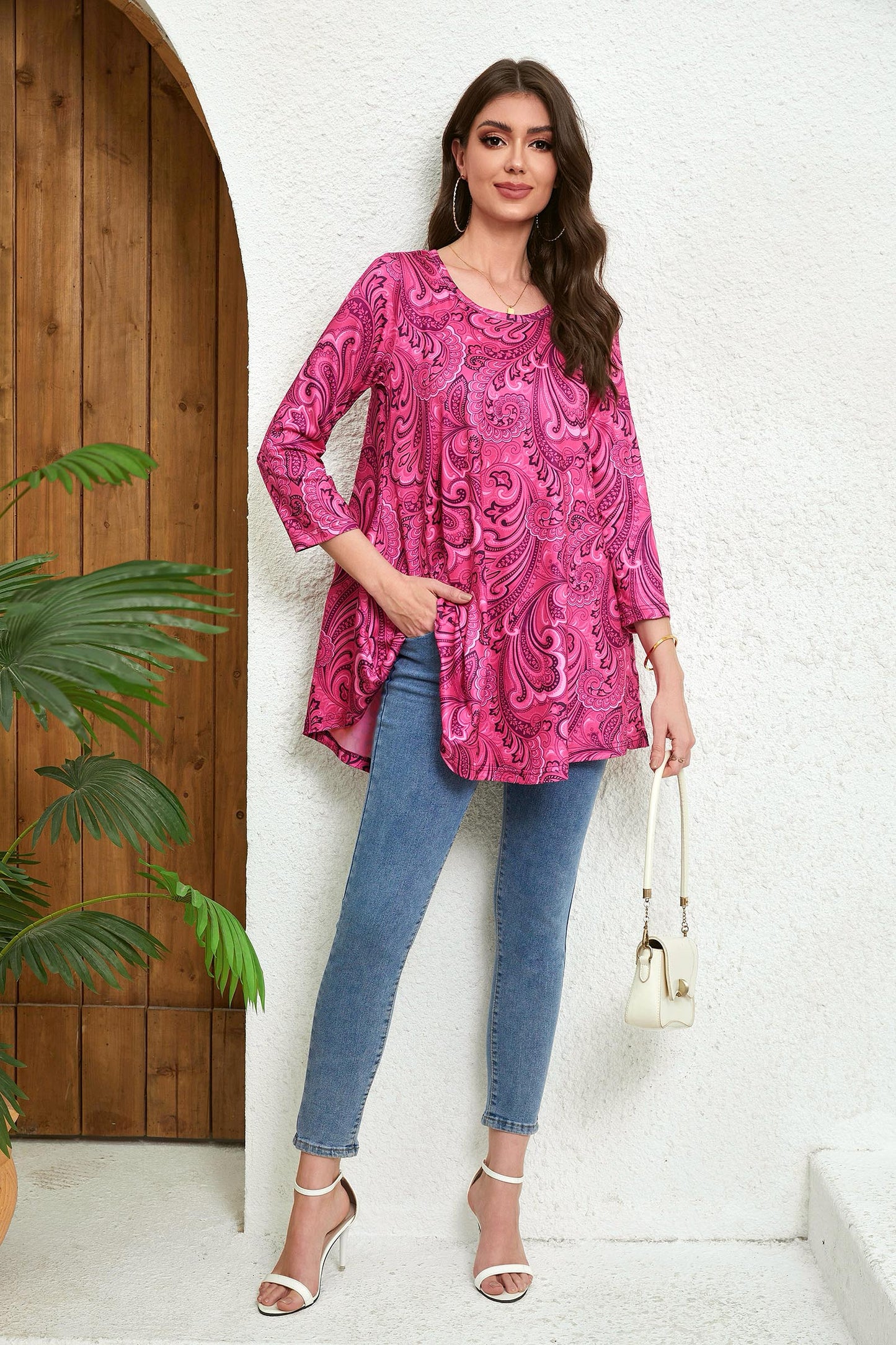 Womens Tunic Tops 3/4 Sleeve Plus Size Crew Neck Swing Flare Loose Fit T-Shirt Blouses to Wear with Leggings Plus Size Tunic Hot Pink Paisley