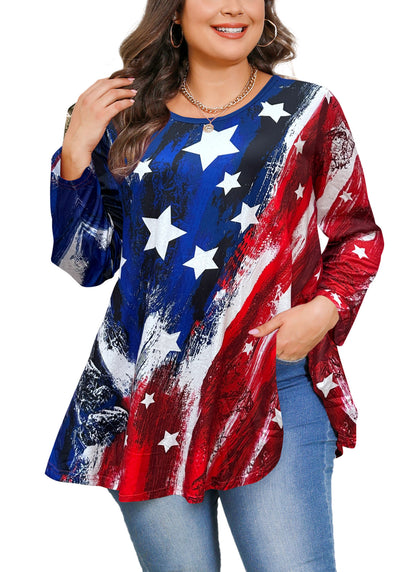 Womens Tunic 3/4 Sleeve Plus Size Tops Crew Neck Swing Flowy Loose Fit T-Shirt Blouses to Wear with Leggings American Flag Tunic