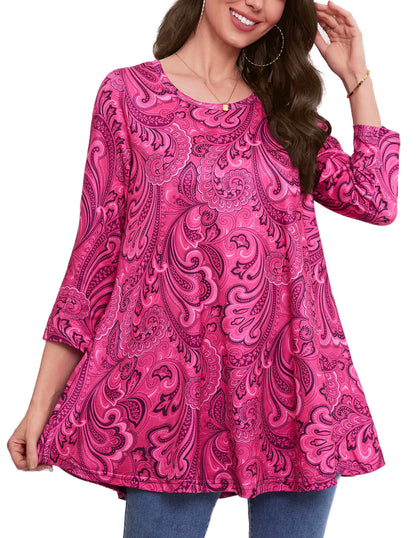 Womens Tunic Tops 3/4 Sleeve Plus Size Crew Neck Swing Flare Loose Fit T-Shirt Blouses to Wear with Leggings Plus Size Tunic Hot Pink Paisley