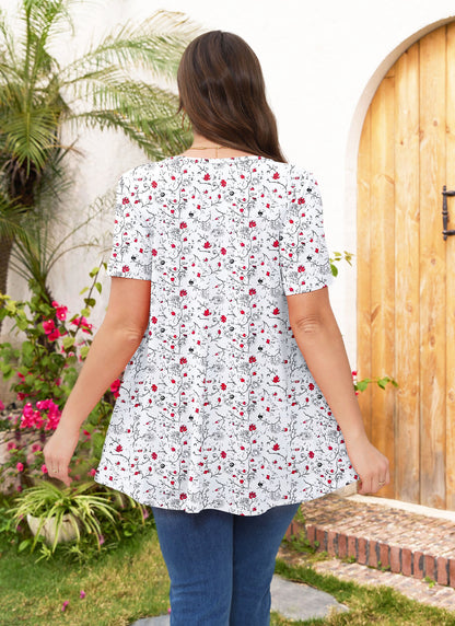 Tunic Tops for Women Plus Size Short Sleeve Crew Neck Swing Flare Loose T-Shirt Blouses to Wear with Leggings White Floral Tops
