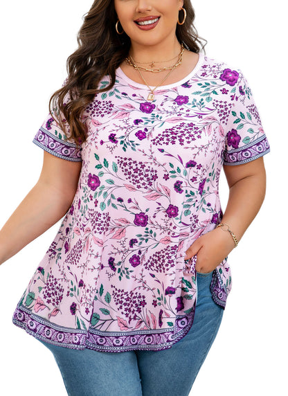Tunic Tops for Women Plus Size Short Sleeve Crew Neck Swing Flare Loose T-Shirt Blouses to Wear with Leggings Purple Floral Tunic