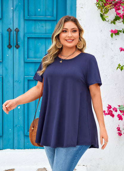 Womens Plus Size Tops Short Sleeve Swing Flare Flowy Tunic Loose Fit Summer Casual Blouses to Wear with Leggings Navy Blue Tunics Tops