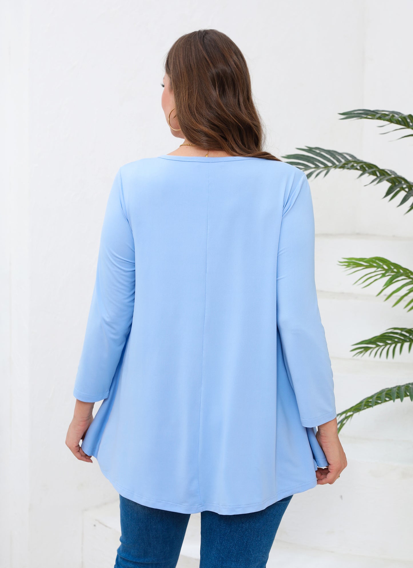 Womens Tops - Plus Size Tunics 3/4 Sleeve Loose Fit Dressy Casual Long Swing Flowy Lady Blouses Shirts Wear with Leggings Teals Blue Clothing A37 SATLB