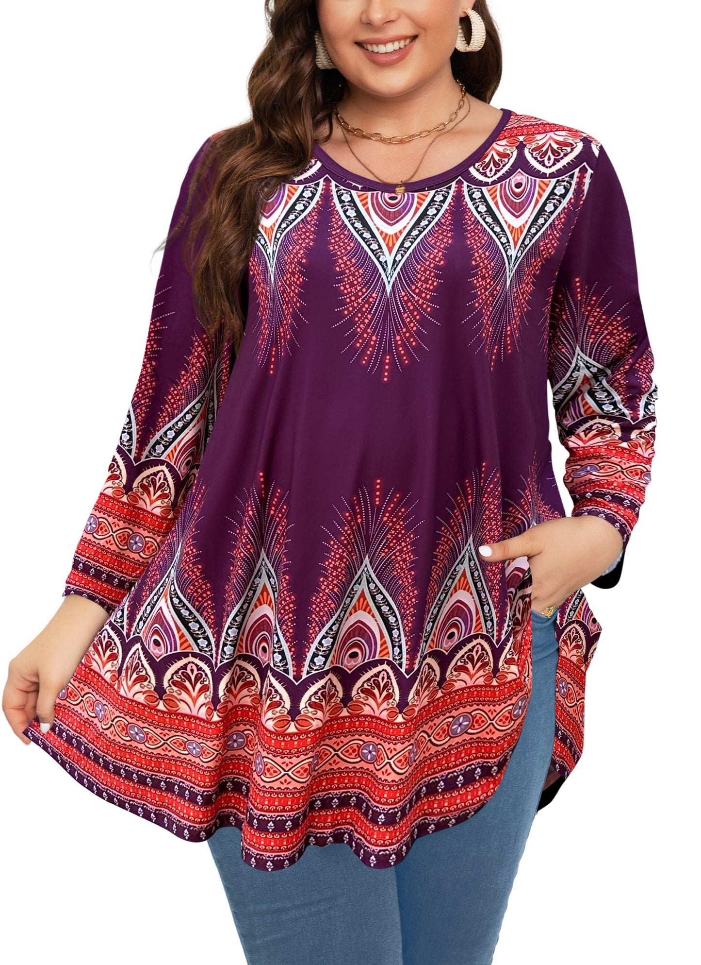 Womens Tunic 3/4 Sleeve Plus Size Tops Crew Neck Swing Flowy Loose Fit T-Shirt Blouses to Wear with Leggings Orange Floral Tops Purple