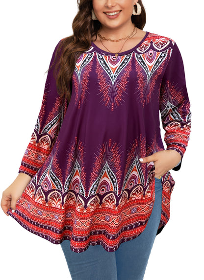 Womens Tunic 3/4 Sleeve Plus Size Tops Crew Neck Swing Flowy Loose Fit T-Shirt Blouses to Wear with Leggings Orange Floral Tops Purple