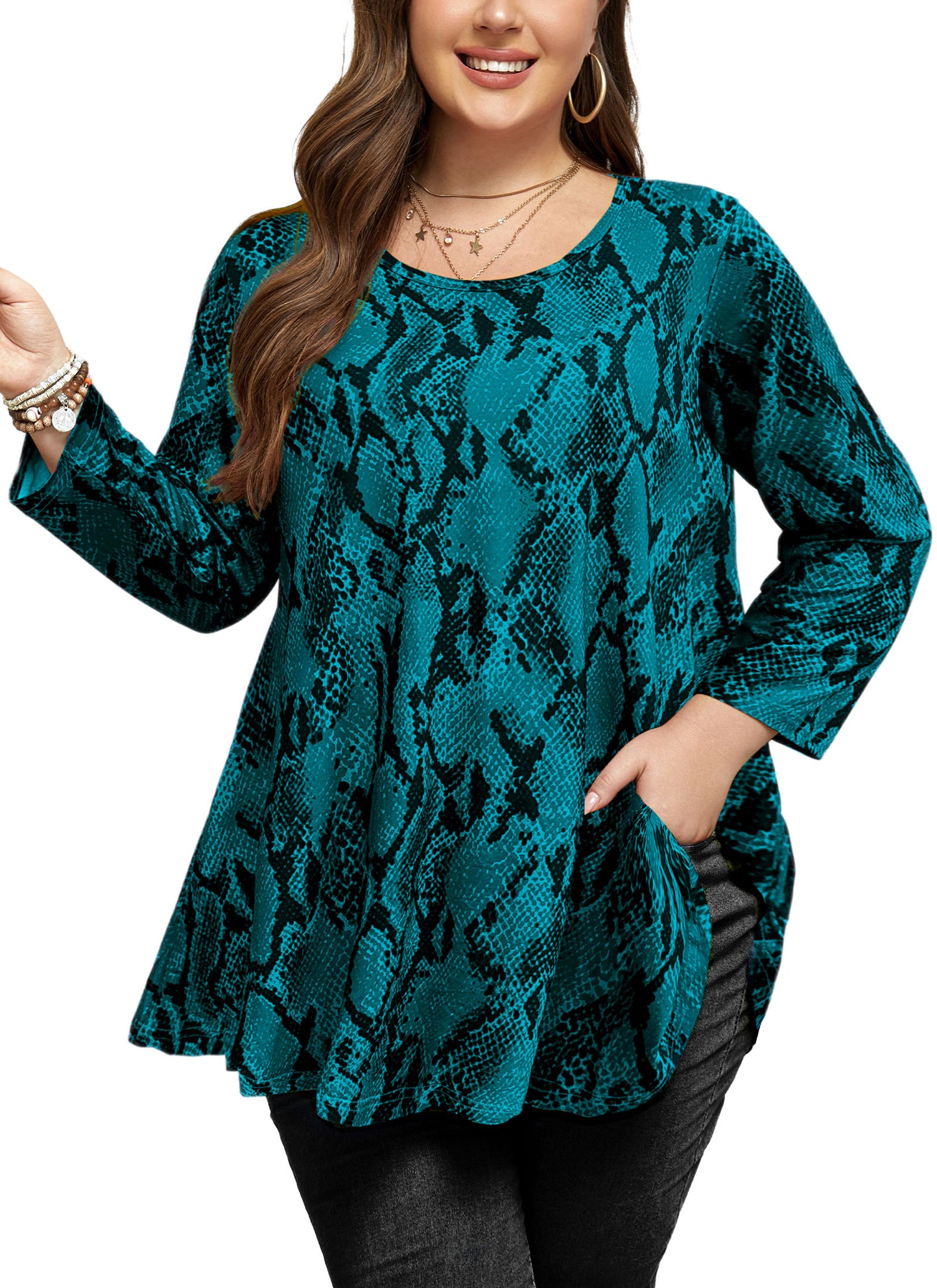 Womens Tunic Tops 3/4 Sleeve Plus Size Crew Neck Swing Flare Loose Fit T-Shirt Blouses to Wear with Leggings Tunics Teals Blue