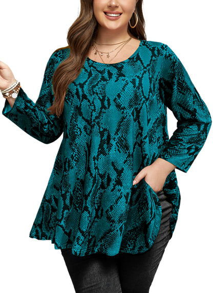 Womens Tunic Tops 3/4 Sleeve Plus Size Crew Neck Swing Flare Loose Fit T-Shirt Blouses to Wear with Leggings Tunics Teals Blue