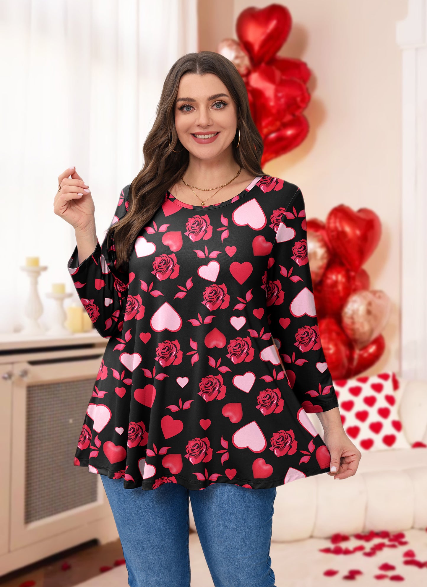 Womens Tops - Plus Size Tunics 3/4 Sleeve Loose Fit Dressy Casual Long Swing Flowy Lady Blouses Shirts Wear with Leggings Teals Blue Clothing A36 SATNRF