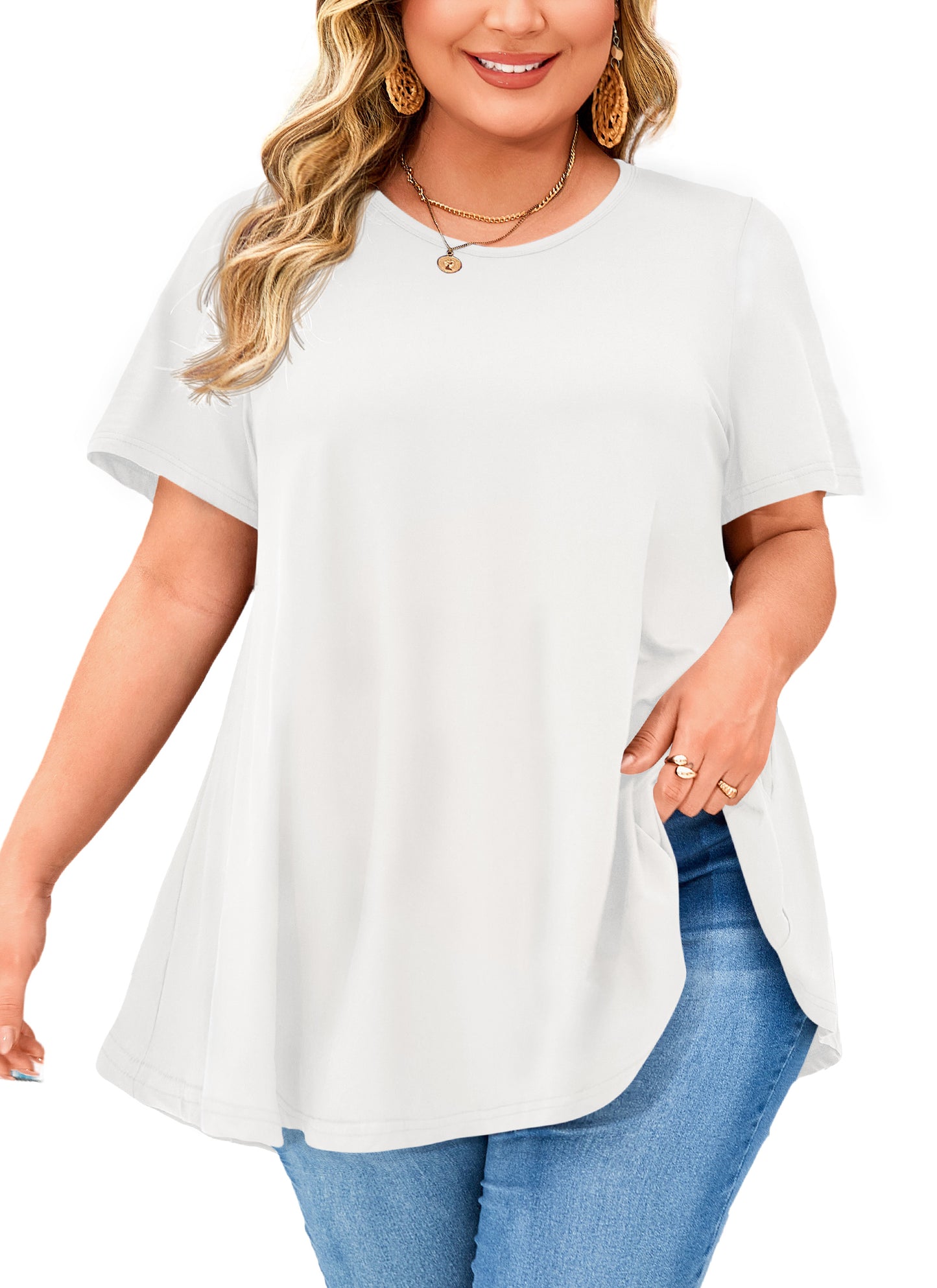 Tunic Tops for Women Plus Size Short Sleeve Crew Neck Swing Flare Loose T-Shirt Blouses to Wear with Leggings B2 SATXW