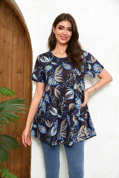Tunic Tops for Women Plus Size Short Sleeve Crew Neck Swing Flare Loose T-Shirt Blouses to Wear with Leggings  B4 SATXNF