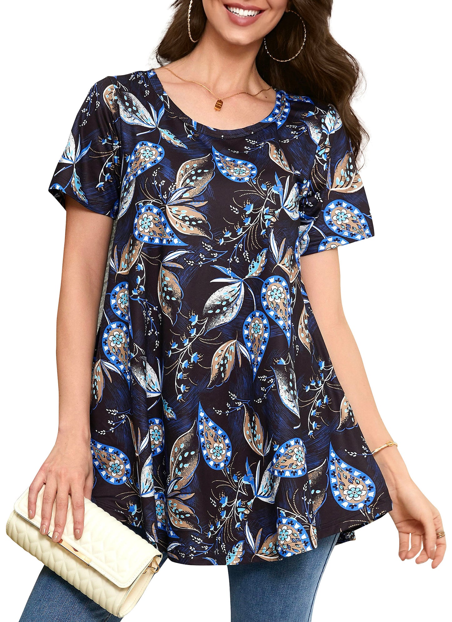 Tunic Tops for Women Plus Size Short Sleeve Crew Neck Swing Flare Loose T-Shirt Blouses to Wear with Leggings  B4 SATXNF