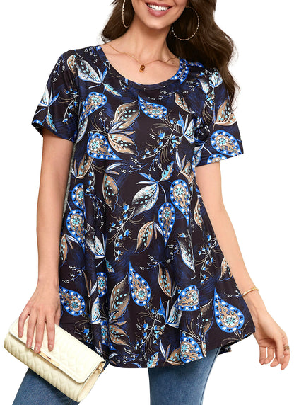 Tunic Tops for Women Plus Size Short Sleeve Crew Neck Swing Flare Loose T-Shirt Blouses to Wear with Leggings  B4 SATXNF