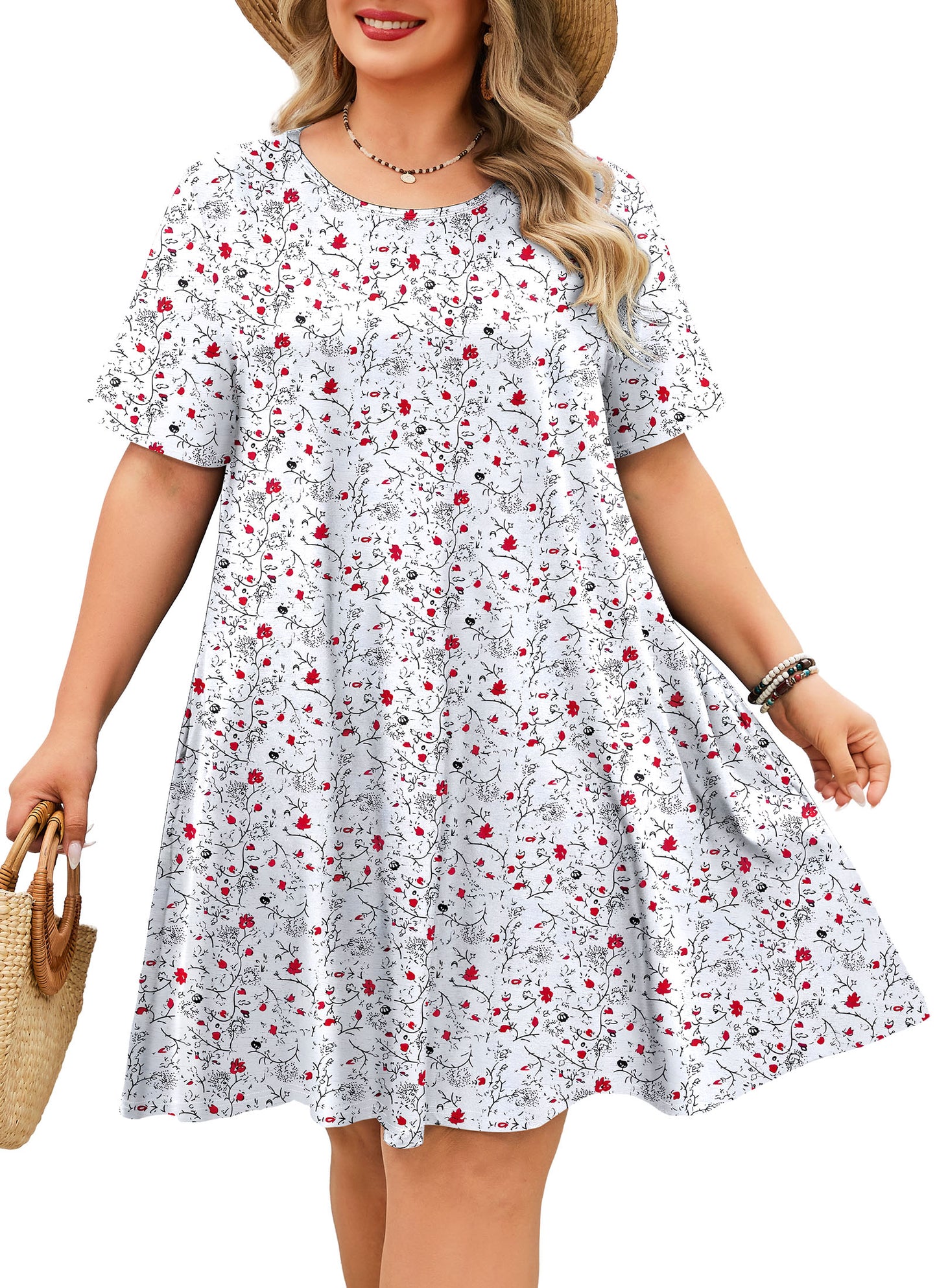 Women's Casual T-Shirt Dress Plus Size Summer Short Sleeve Crewneck Swing Dresses Beach Vacation White Dress