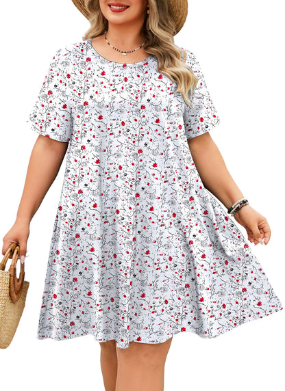 Women's Casual T-Shirt Dress Plus Size Summer Short Sleeve Crewneck Swing Dresses Beach Vacation White Dress