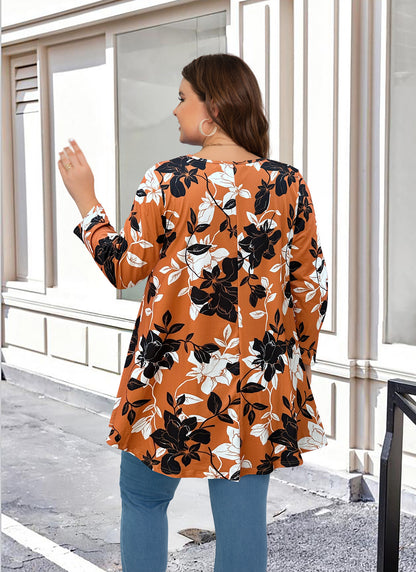 Womens Tunic 3/4 Sleeve Plus Size Tops Crew Neck Swing Flowy Loose Fit T-Shirt Blouses to Wear with Leggings Tunics Shirts Burnt Orange Floral