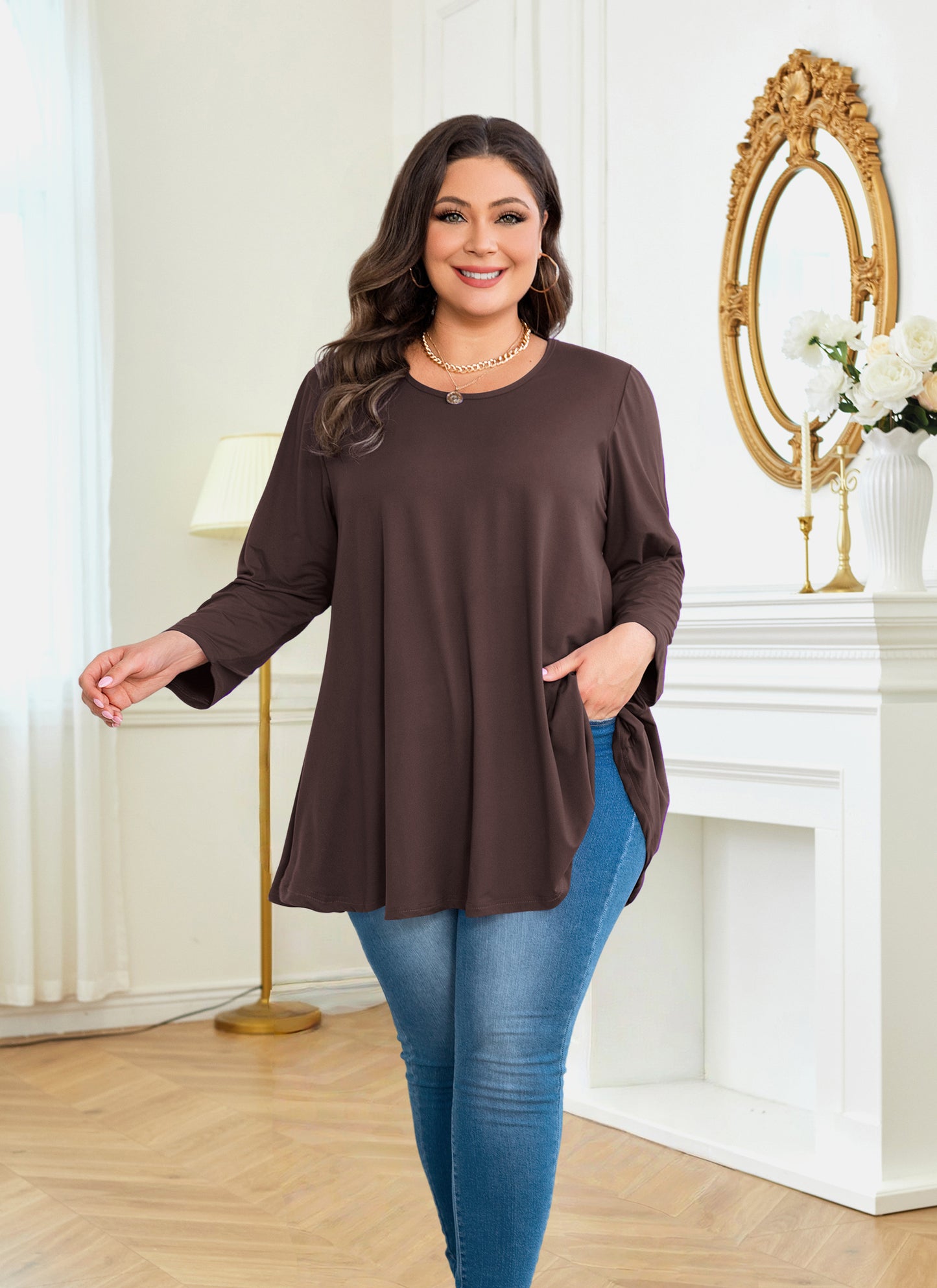 Womens Tops - Plus Size Tunics 3/4 Sleeve Loose Fit Dressy Casual Long Swing Flowy Lady Blouses Shirts Wear with Leggings Teals Blue Clothing A42 SATBBRO