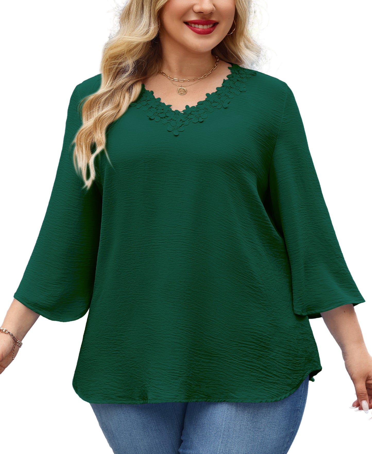 Womens Plus Size Blouses Dressy Casual 3/4 Sleeve Elegant V Neck Floral Trim Ladies Tunics Tops Green