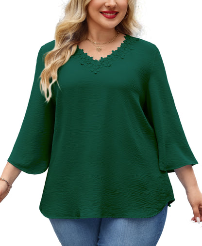 Womens Plus Size Blouses Dressy Casual 3/4 Sleeve Elegant V Neck Floral Trim Ladies Tunics Tops Green