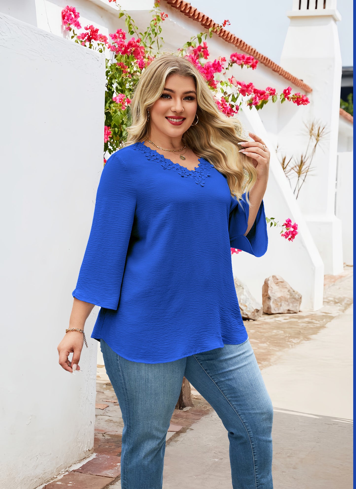 Womens Plus Size Blouses Dressy Casual 3/4 Sleeve Elegant V Neck Floral Trim Ladies Tunics Tops Royal Blue
