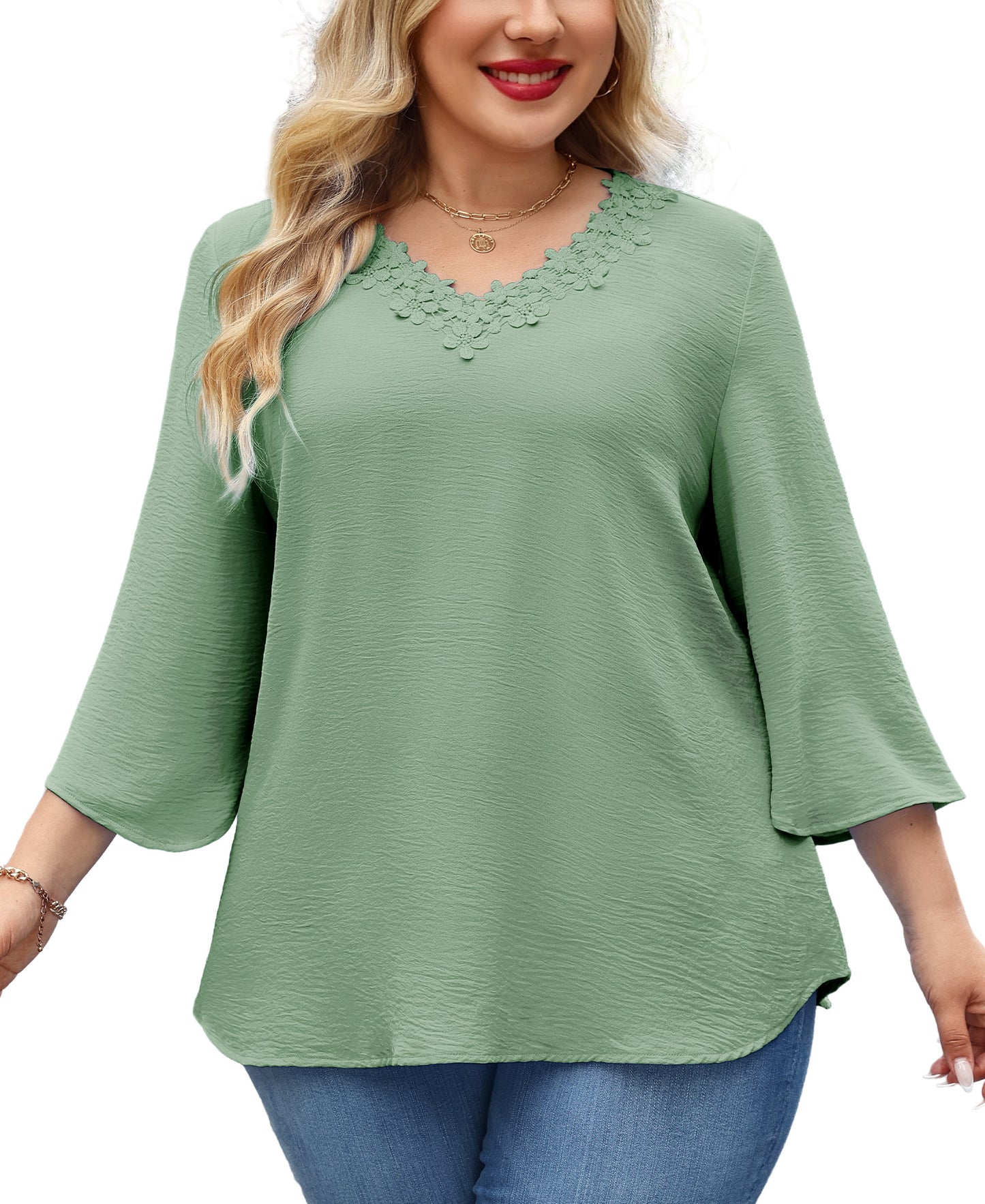 Womens Plus Size Blouses Dressy Casual 3/4 Sleeve Elegant V Neck Floral Trim Ladies Tunics Tops Sage Green