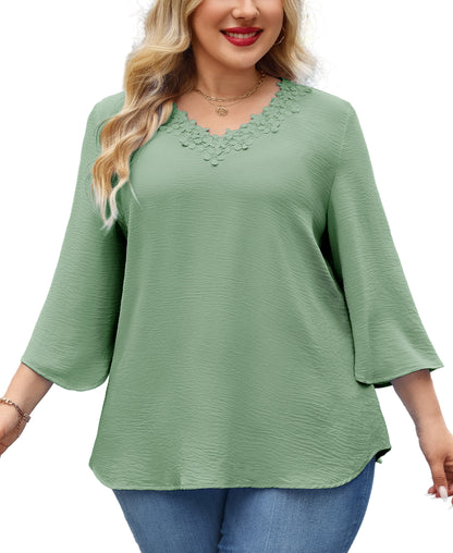 Womens Plus Size Blouses Dressy Casual 3/4 Sleeve Elegant V Neck Floral Trim Ladies Tunics Tops Sage Green